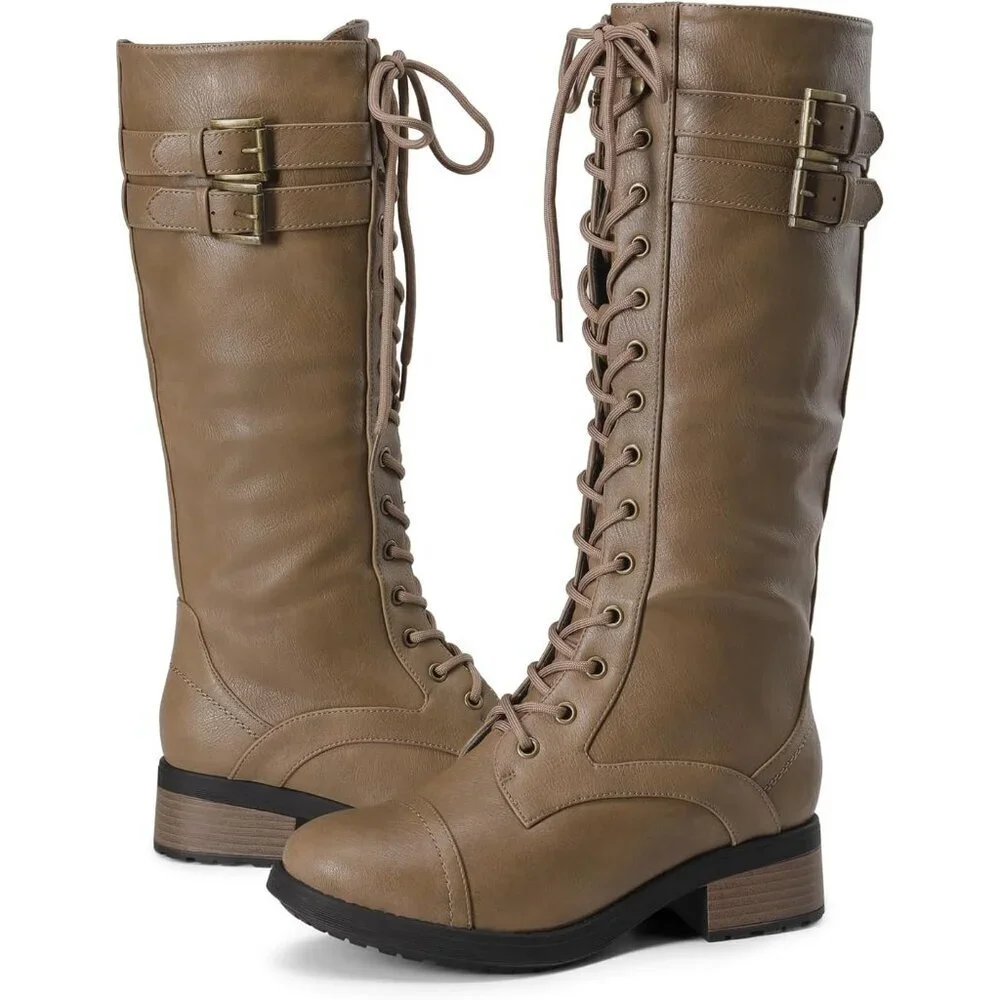 Women's Polyurethane Pu Georgia-Khaki Double buckle Knee High Riding Combat Boot